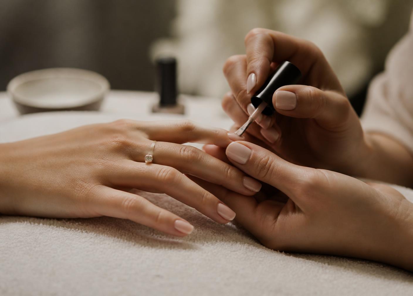 A student performing a spa manicure, applying polish to a client's nails