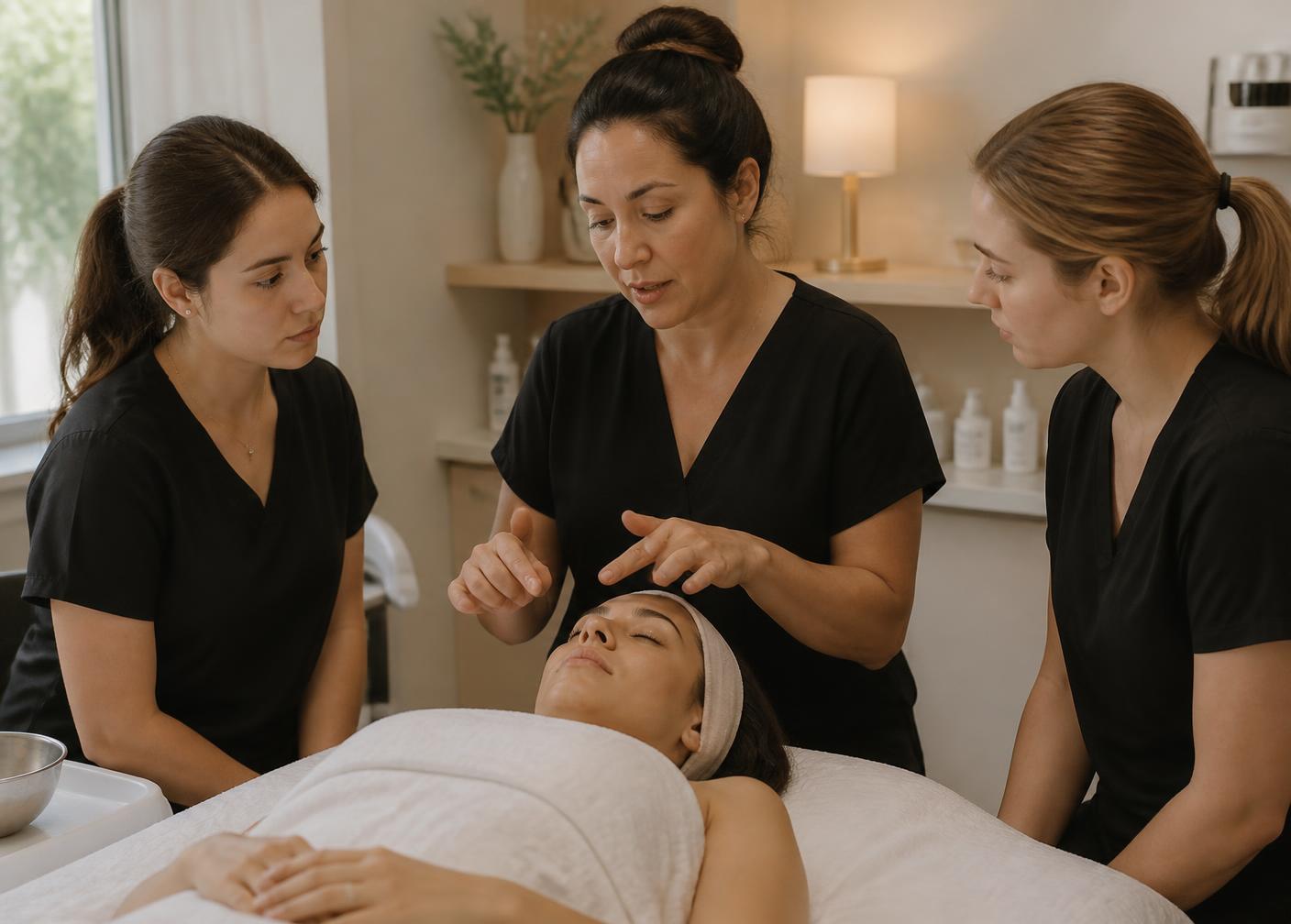 An instructor demonstrating a facial technique to two esthetics students